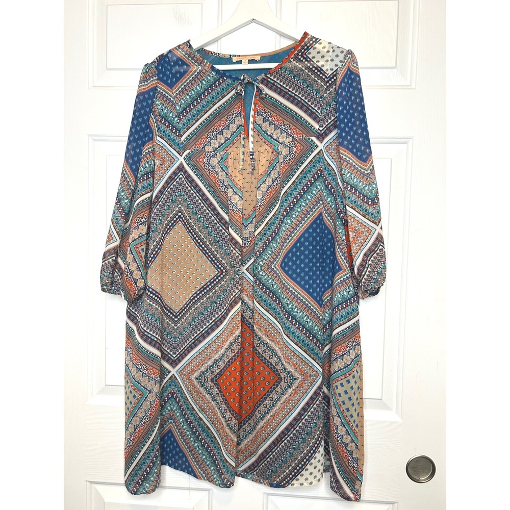 Gibson + Latimer Boho Geometric‎ Print Tie Neck Midi Dress M